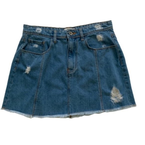 Forever 21 Jean Mini Skirt Seamed Front Distressed Raw Hem Denim Skirt Size 30 - Picture 1 of 10